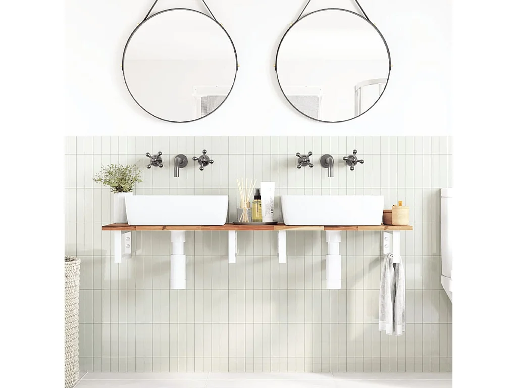 Ripiano a Parete per Lavabo in Acciaio e Massello di Acacia