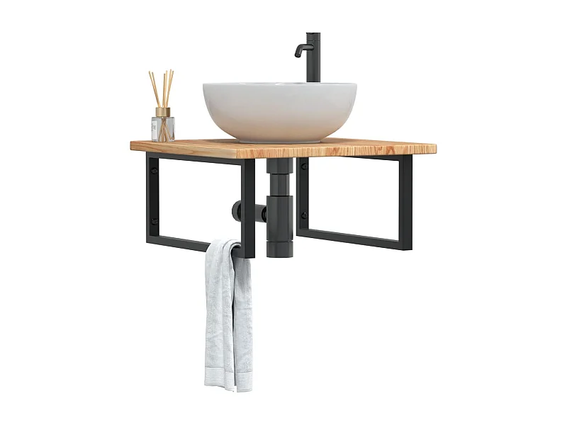 Estante de lavabo de pared de acero y madera maciza de roble