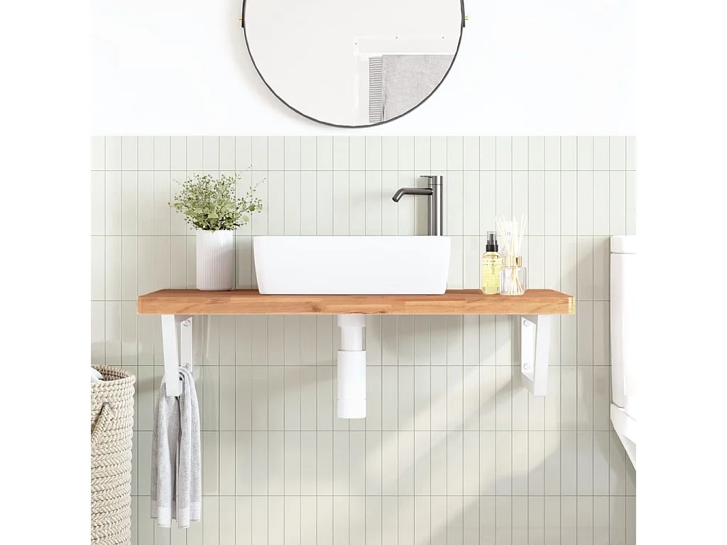 Ripiano a Parete per Lavabo in Acciaio e Massello di Faggio