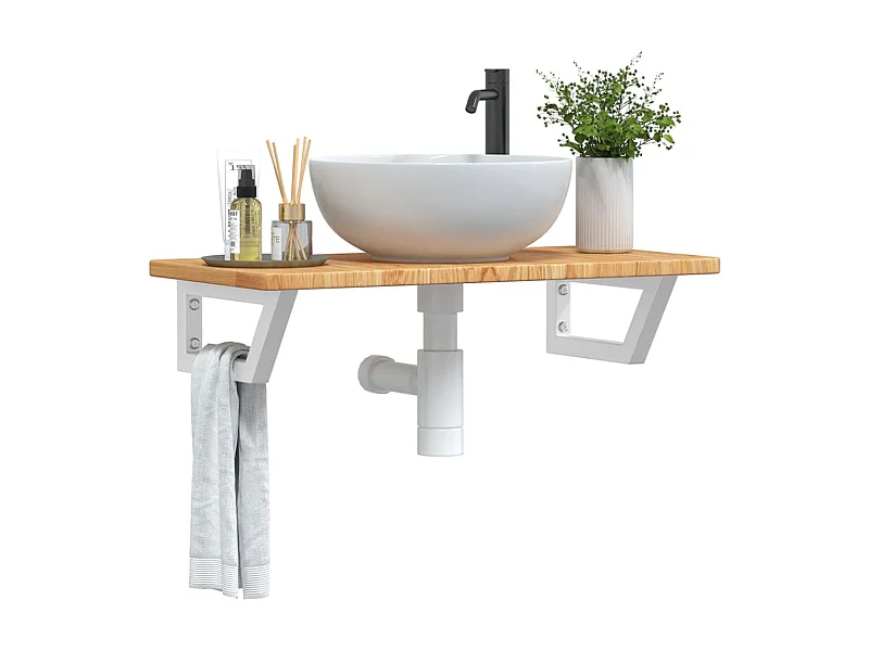 Estante de lavabo de pared de acero y madera maciza de roble