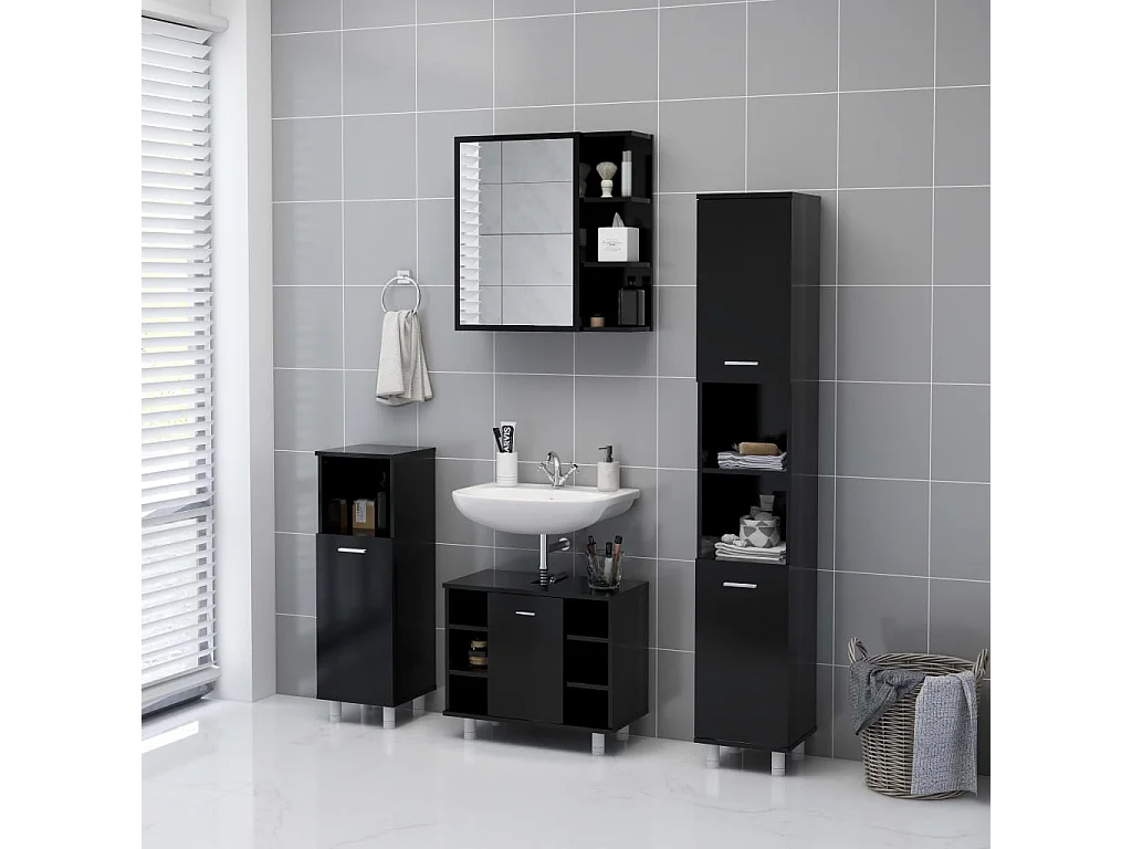 Armoire à miroir de salle de bain Noir Bois d’ingénierie