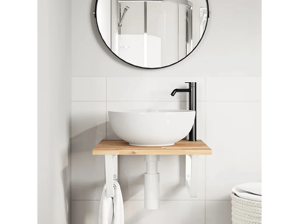 Ripiano a Parete per Lavabo in Acciaio e Massello di Acacia