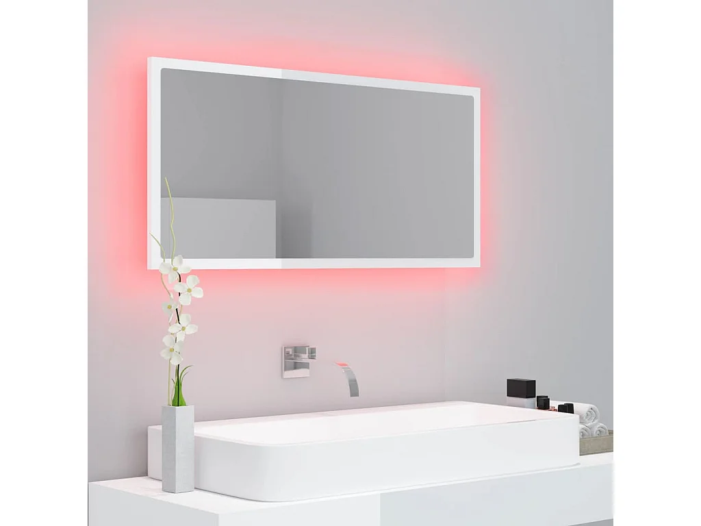 Miroir à LED de bain Blanc brillant 90x8,5x37 cm Acrylique
