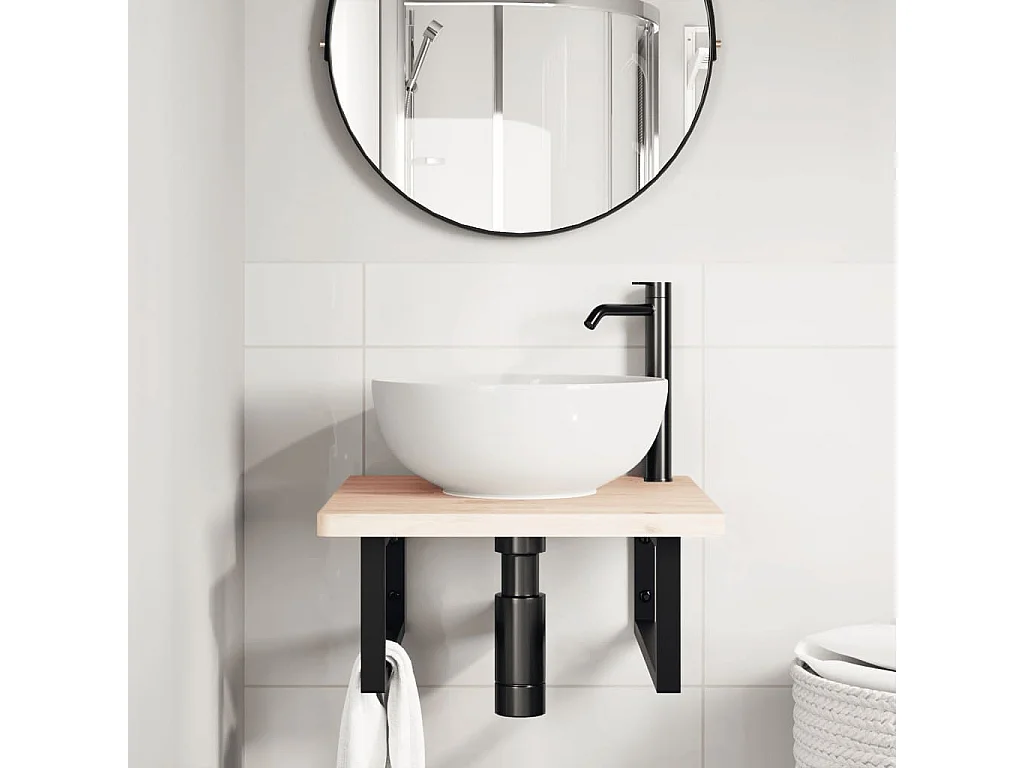 Ripiano a Parete per Lavabo in Acciaio e Massello di Faggio