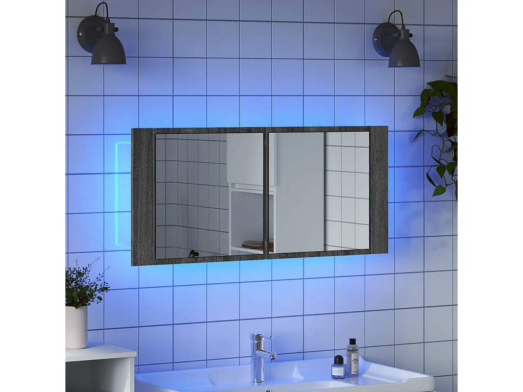 Armario de baño con espejo y luz LED gris Sonoma 100x12x45 cm