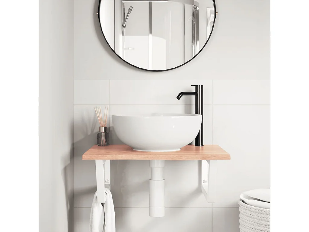 Estante de lavabo de pared de acero y madera maciza de roble