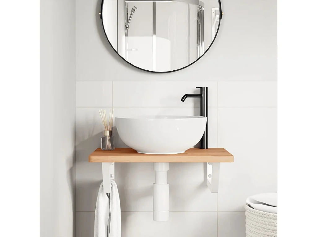 Ripiano a Parete per Lavabo in Acciaio e Massello di Faggio