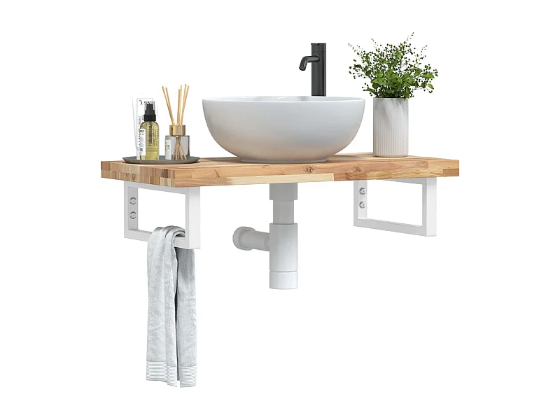 Ripiano a Parete per Lavabo in Acciaio e Massello di Acacia