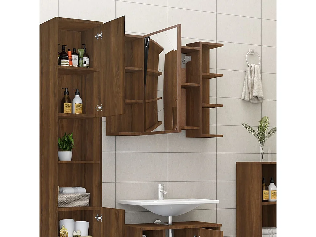 Mobile da Bagno Specchio in Rovere Marrone 80x20,5x64 cm Legno