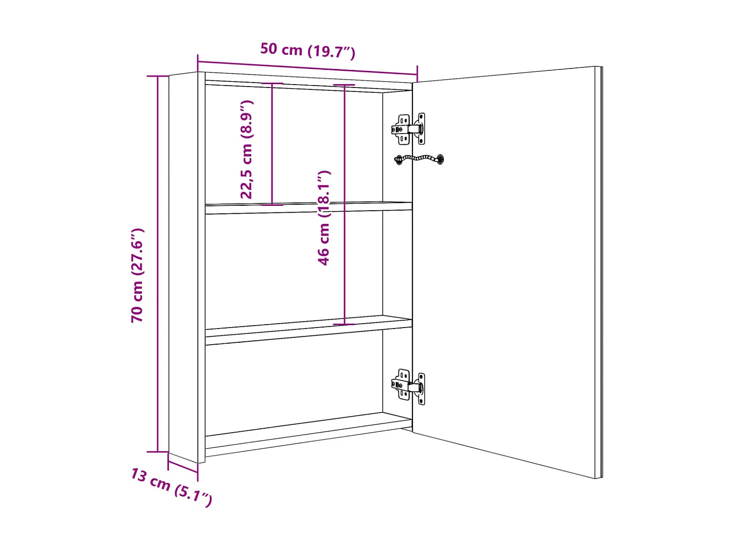 Armoire de salle de bain à miroir LED 50x13x70 cm