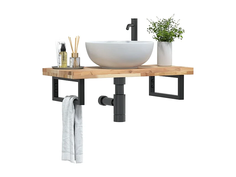 Ripiano a Parete per Lavabo in Acciaio e Massello di Acacia