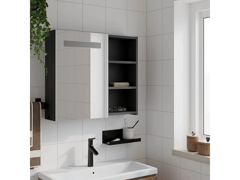 Armoire de salle de bain à miroir avec LED noir 60x13x52 cm