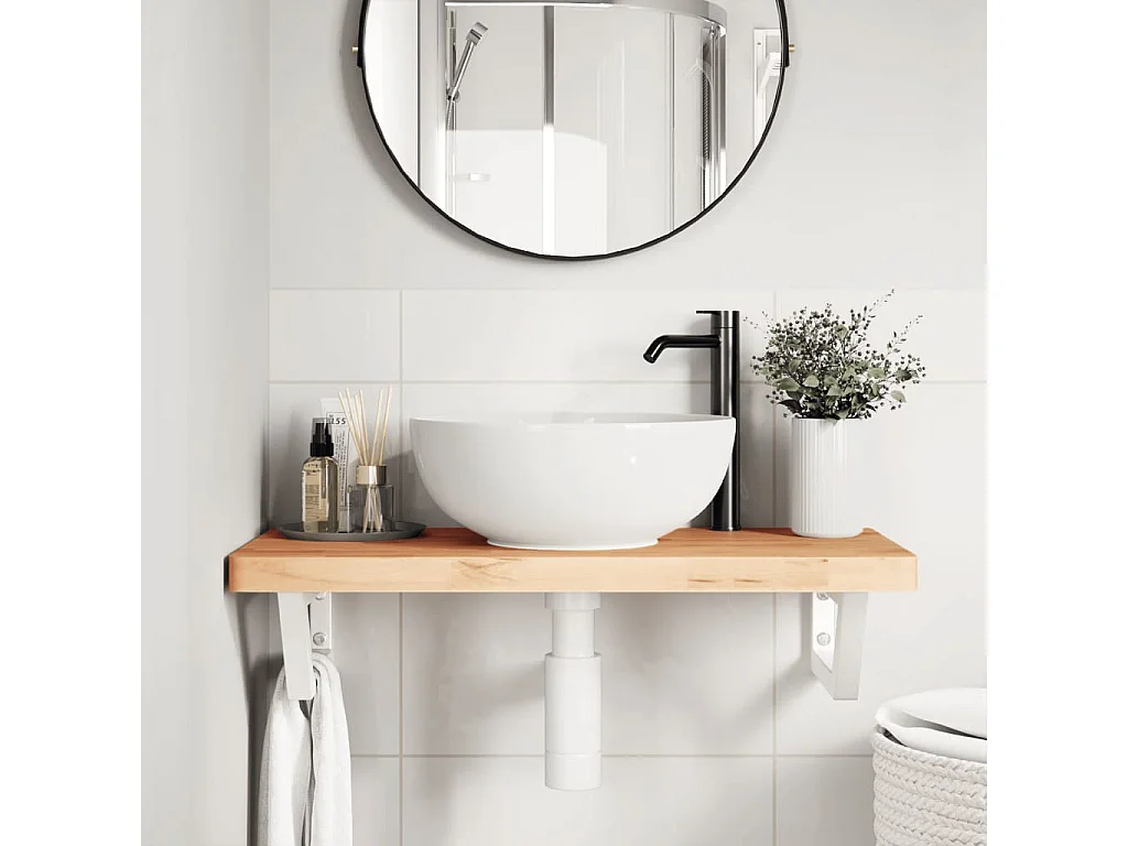 Estante de lavabo de pared de acero y madera maciza de haya