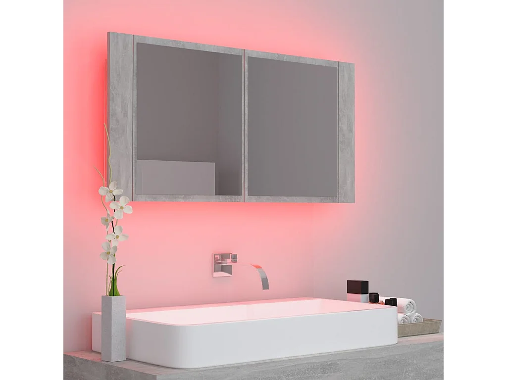 Armario espejo baño luz LED acrílico gris hormigón 90x12x45 cm