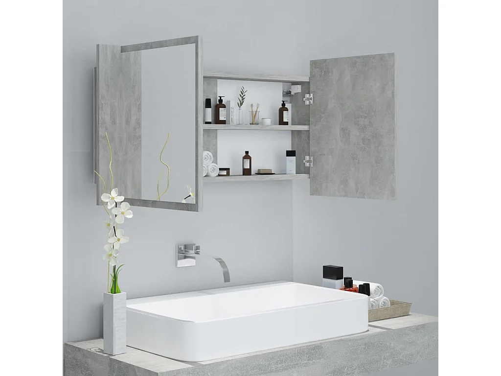 Armario espejo baño luz LED acrílico gris hormigón 90x12x45 cm