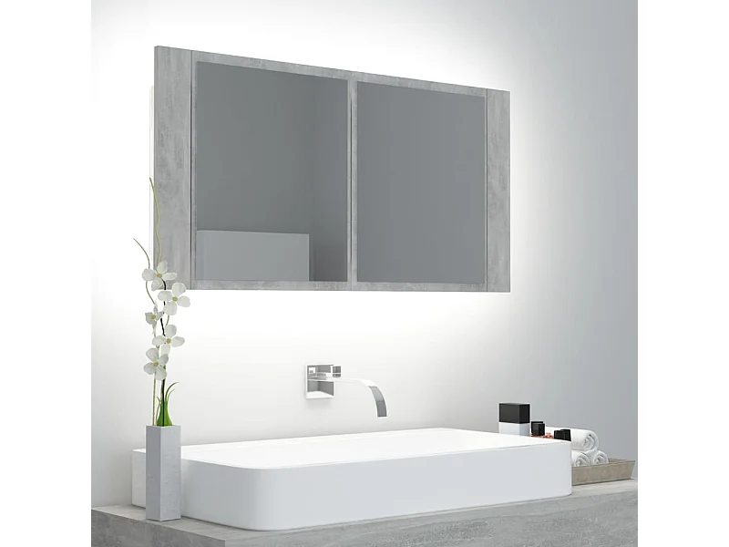 LED-Bad-Spiegelschrank Betongrau 90x12x45 cm Acryl