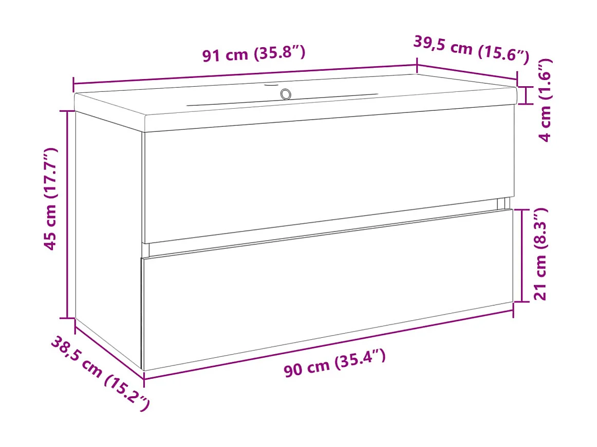 Set di mobili da bagno da 2 pezzi in ceramica e legno ingegnerizzato