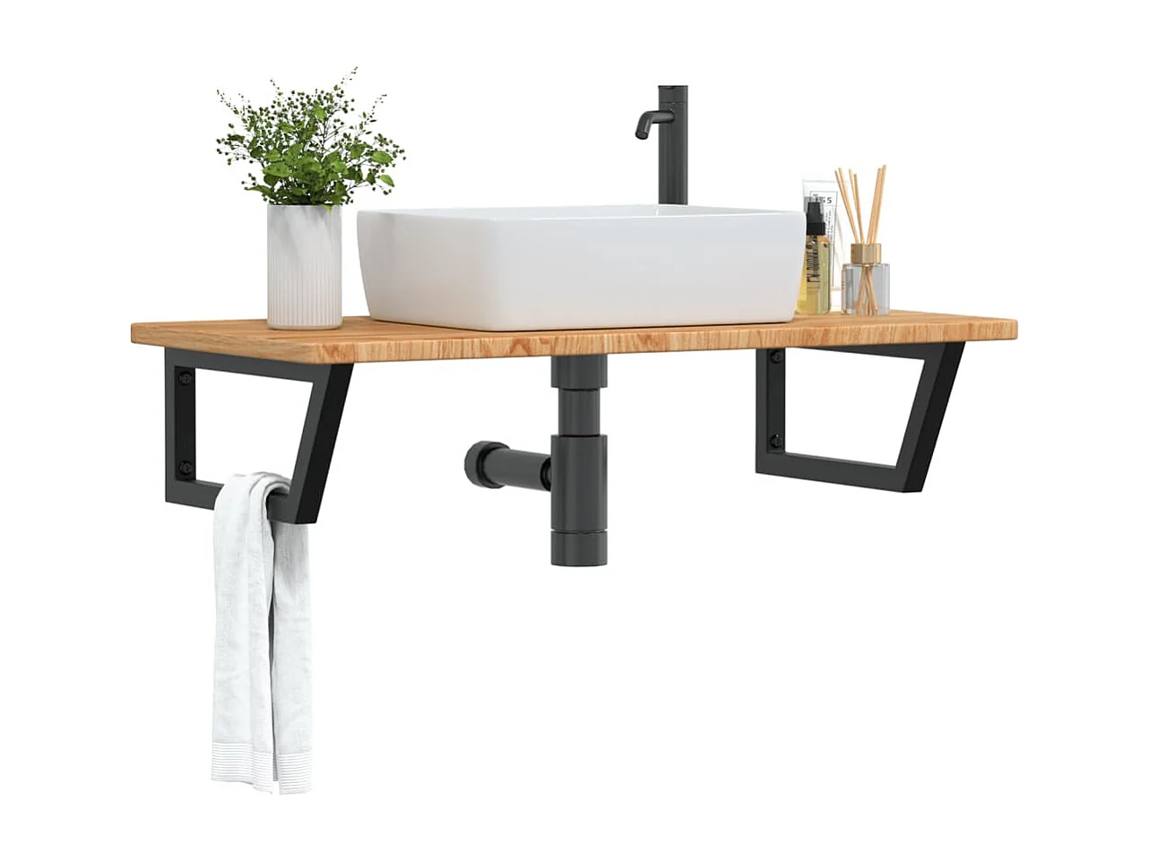 Étagère de vasque murale acier et bois de chêne massif