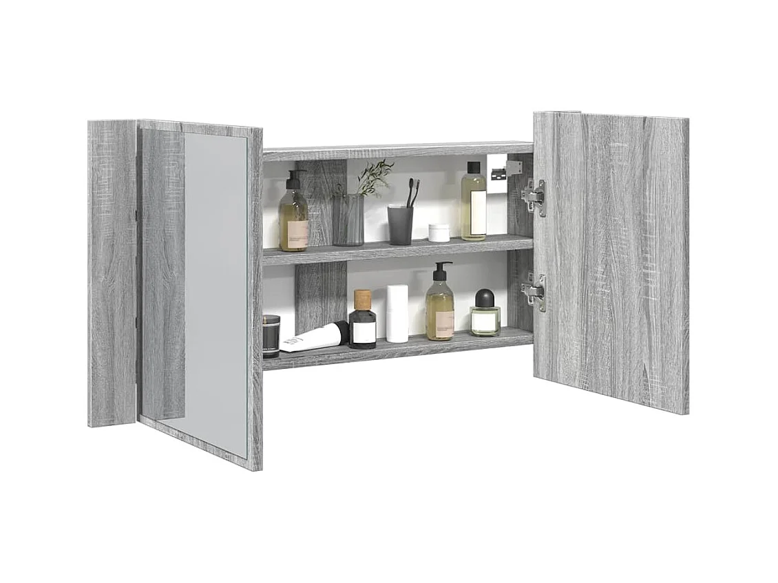 Armadietto a Specchio con LED Grigio Sonoma 90x12x45cm Acrilico