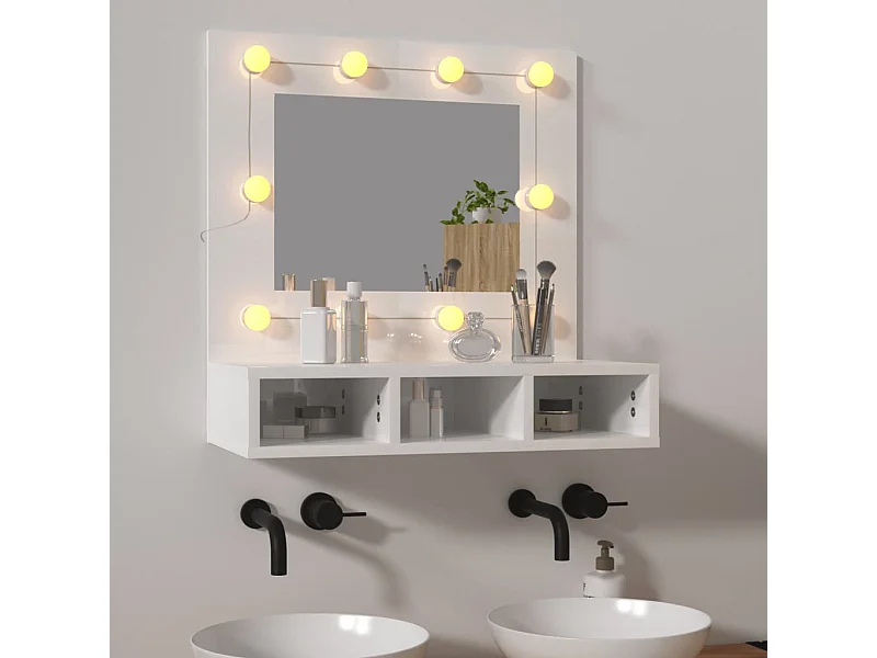 Mueble con espejo y luces LED blanco brillante 60x31,5x62 cm