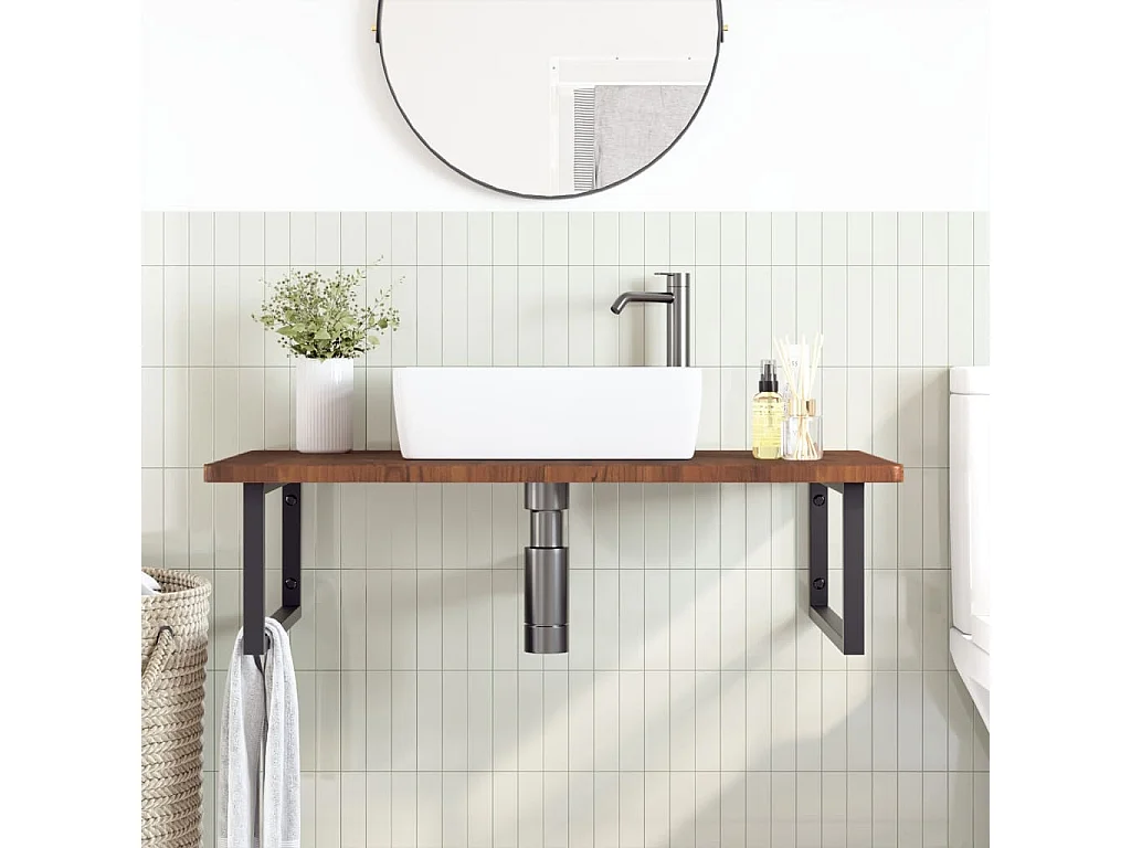 Ripiano a Parete per Lavabo in Acciaio e Massello di Rovere