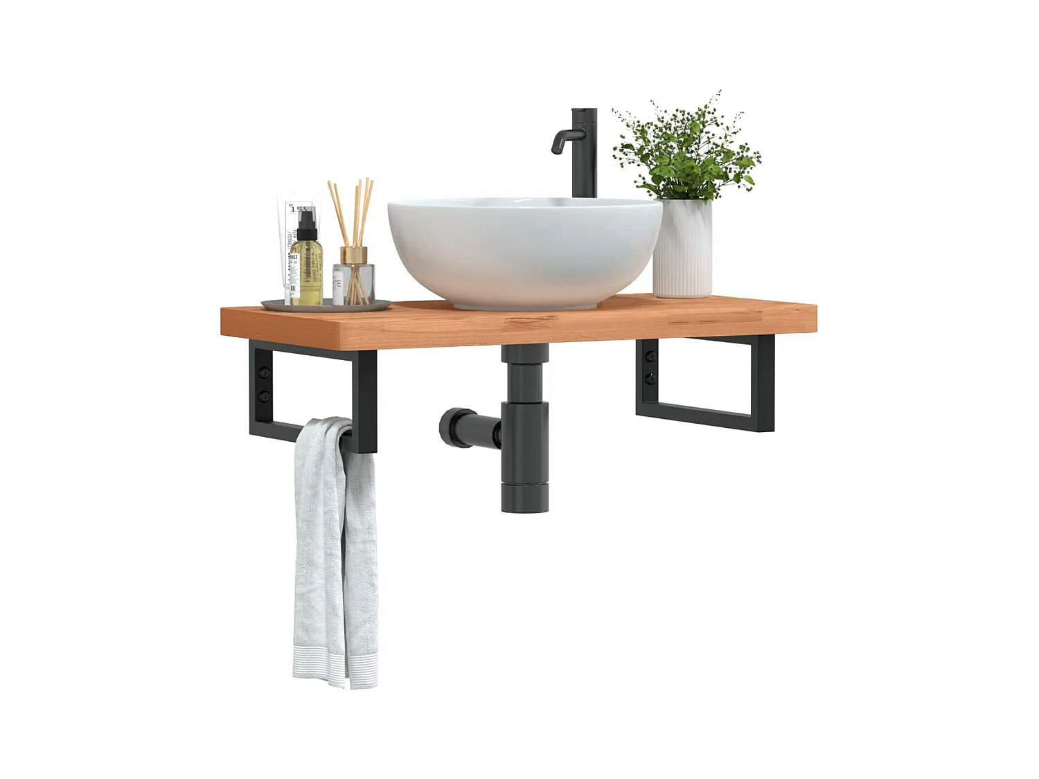 Ripiano a Parete per Lavabo in Acciaio e Massello di Faggio