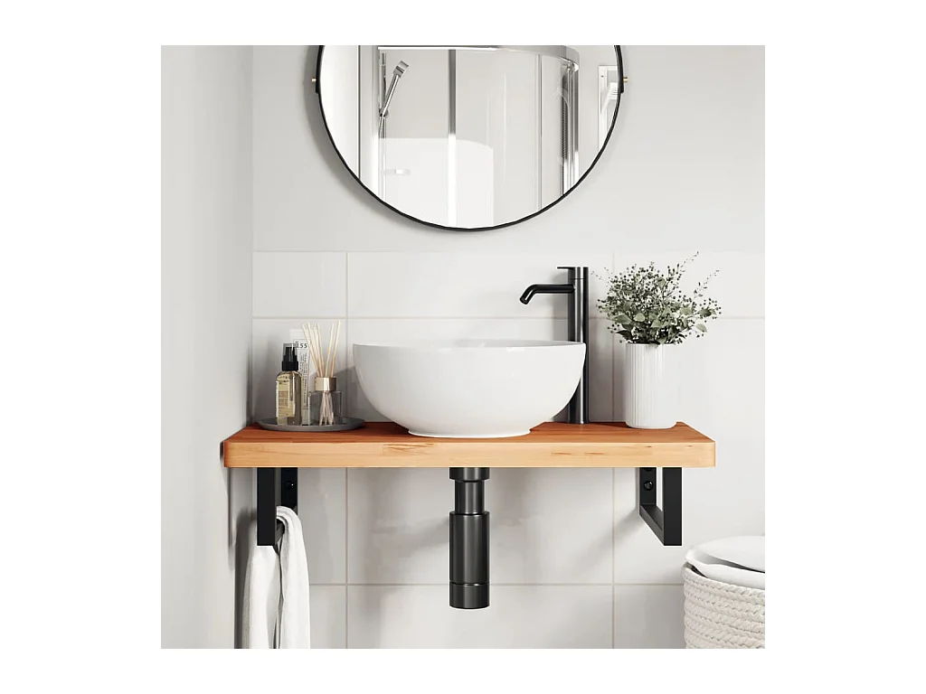 Ripiano a Parete per Lavabo in Acciaio e Massello di Faggio