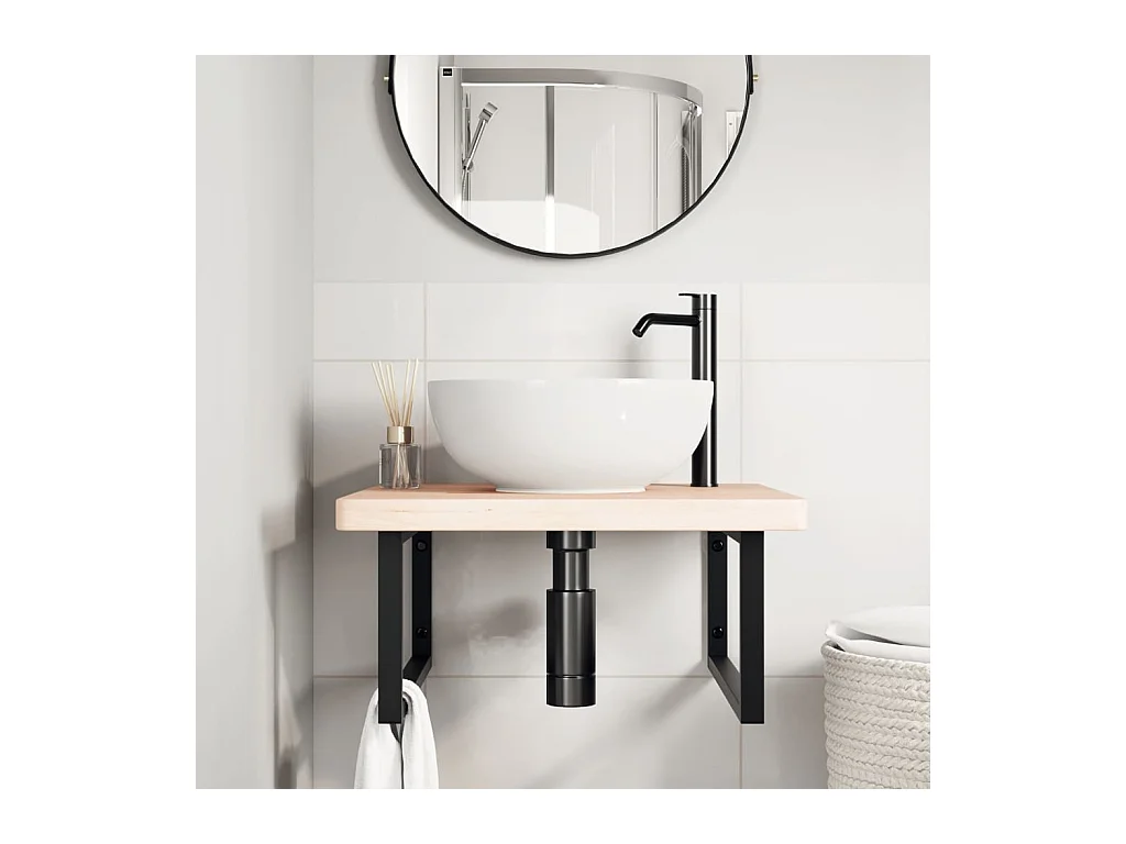 Ripiano a Parete per Lavabo in Acciaio e Massello di Rovere