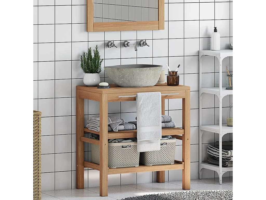 Mobile Bagno in Massello di Teak con Lavabo in Pietra di Fiume