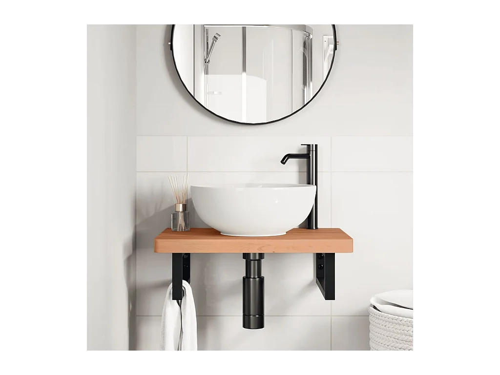 Ripiano a Parete per Lavabo in Acciaio e Massello di Faggio