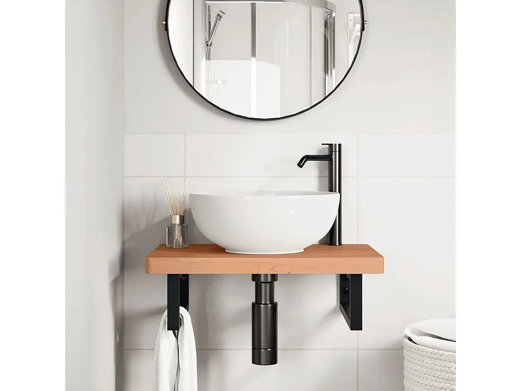 Étagère de vasque murale acier et bois massif de hêtre