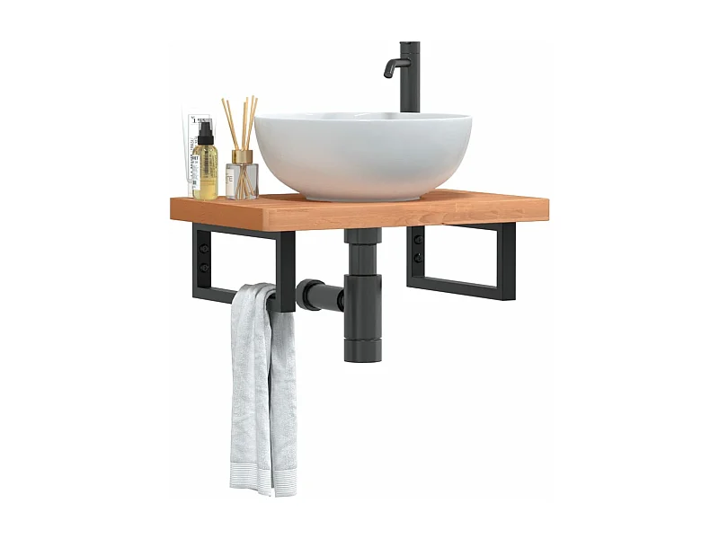 Waschbeckenregal Wandmontage Stahl und Massivholz Buche