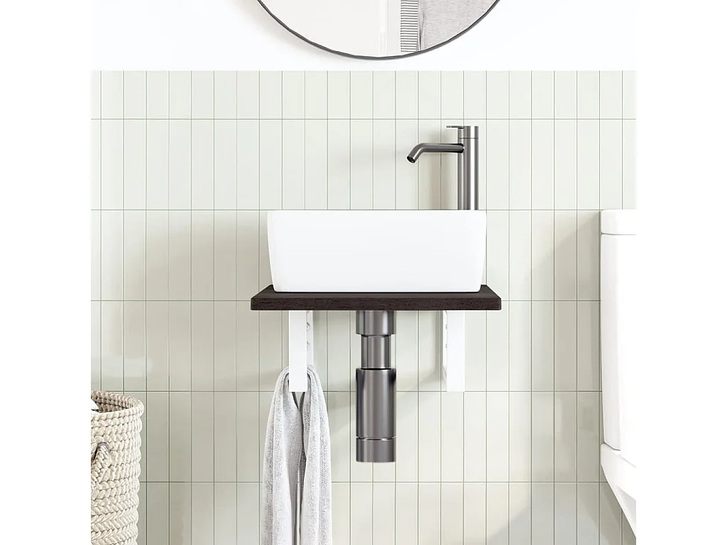 Estante de lavabo de pared de acero y madera maciza de roble