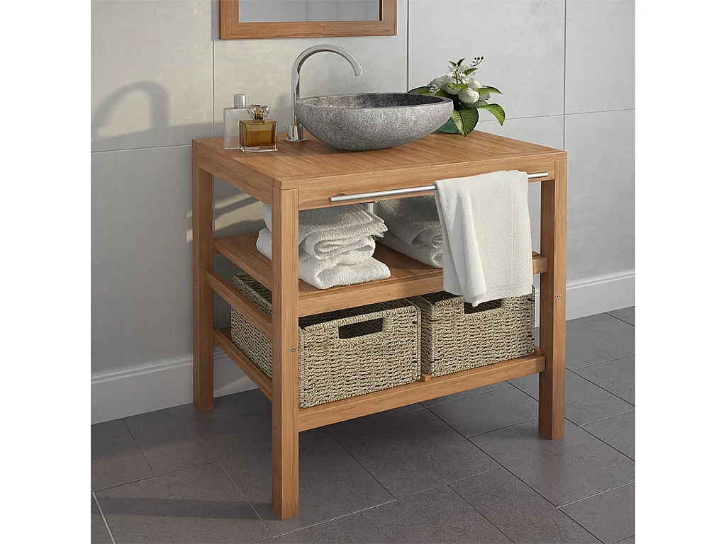 Meuble de salle de bain avec 2 paniers Teck massif 74x45x75 cm