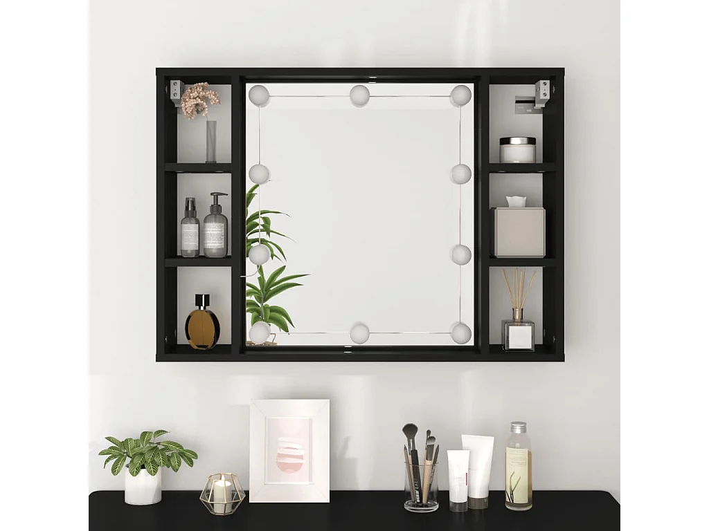 Armário espelhado com luzes LED 76x15x55 cm preto