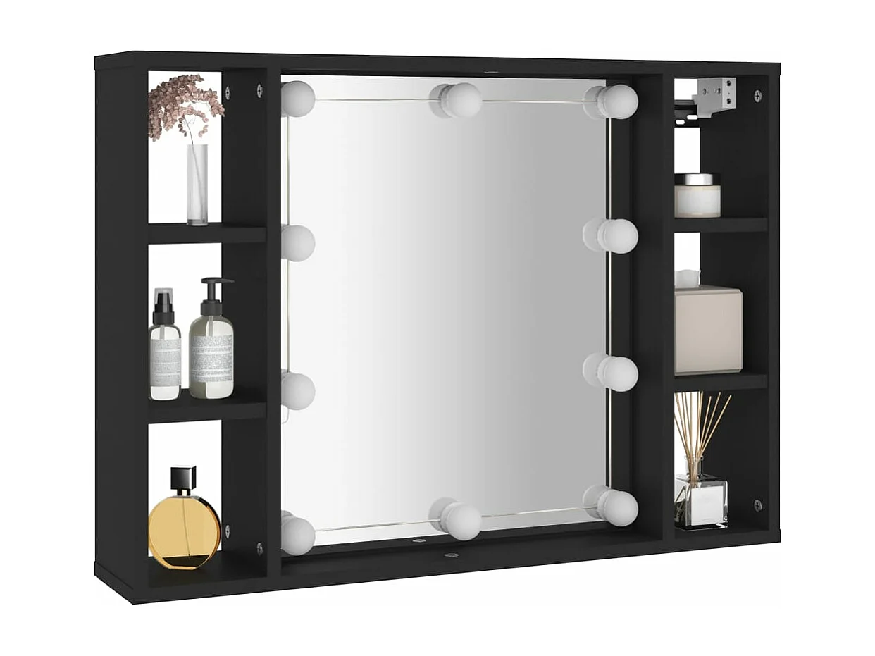 Armário espelhado com luzes LED 76x15x55 cm preto