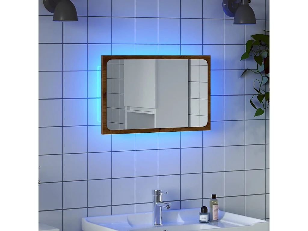 Specchio da Bagno con Luci LED Rovere Artigianale 60x8,5x38 cm