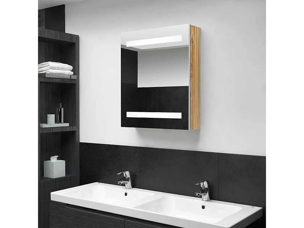 Armadietto Bagno con Specchio e LED Bianco e Rovere 50x14x60 cm