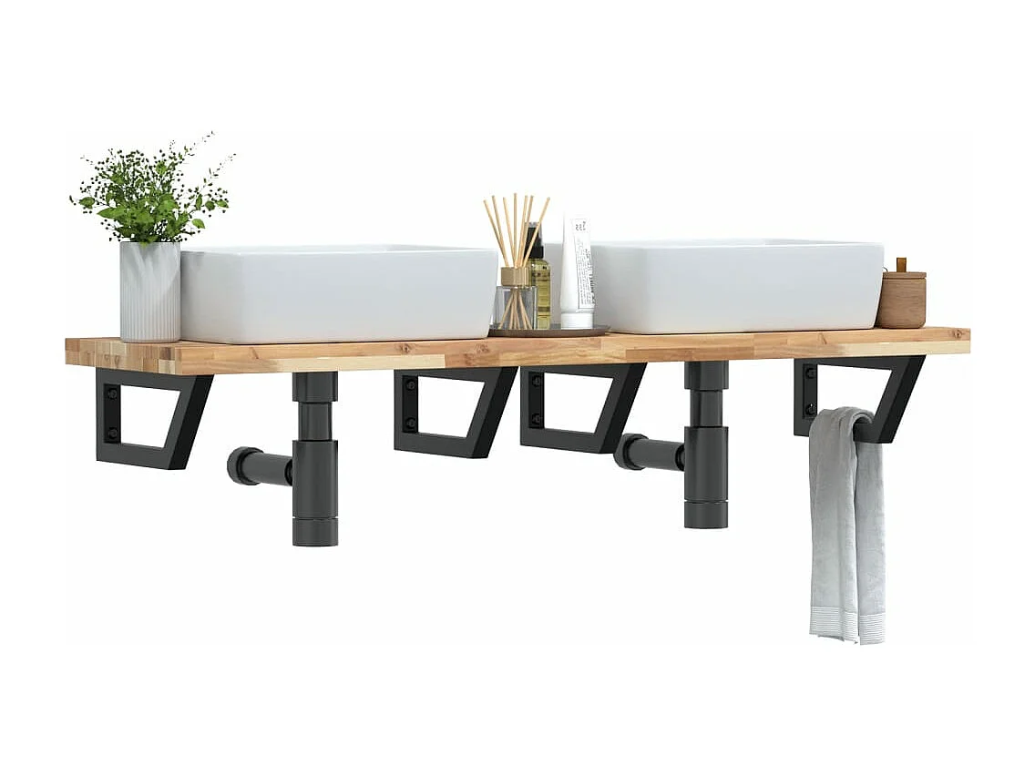 Ripiano a Parete per Lavabo in Acciaio e Massello di Acacia