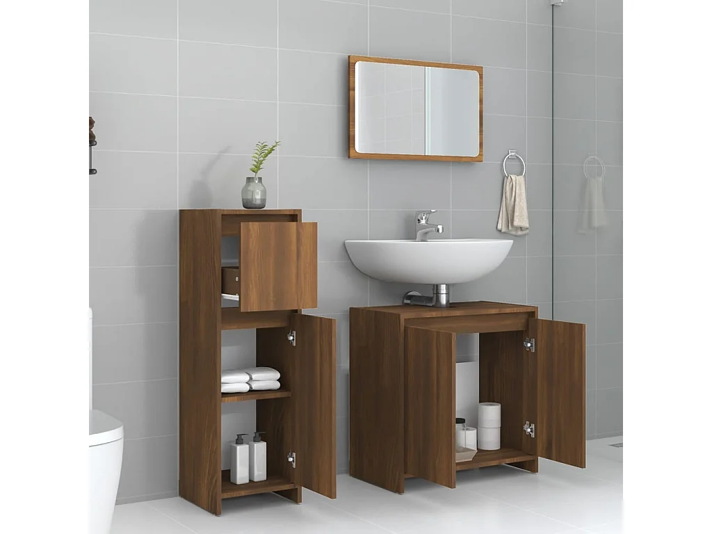 Conjunto de móveis de banheiro 3 peças marrom carvalho