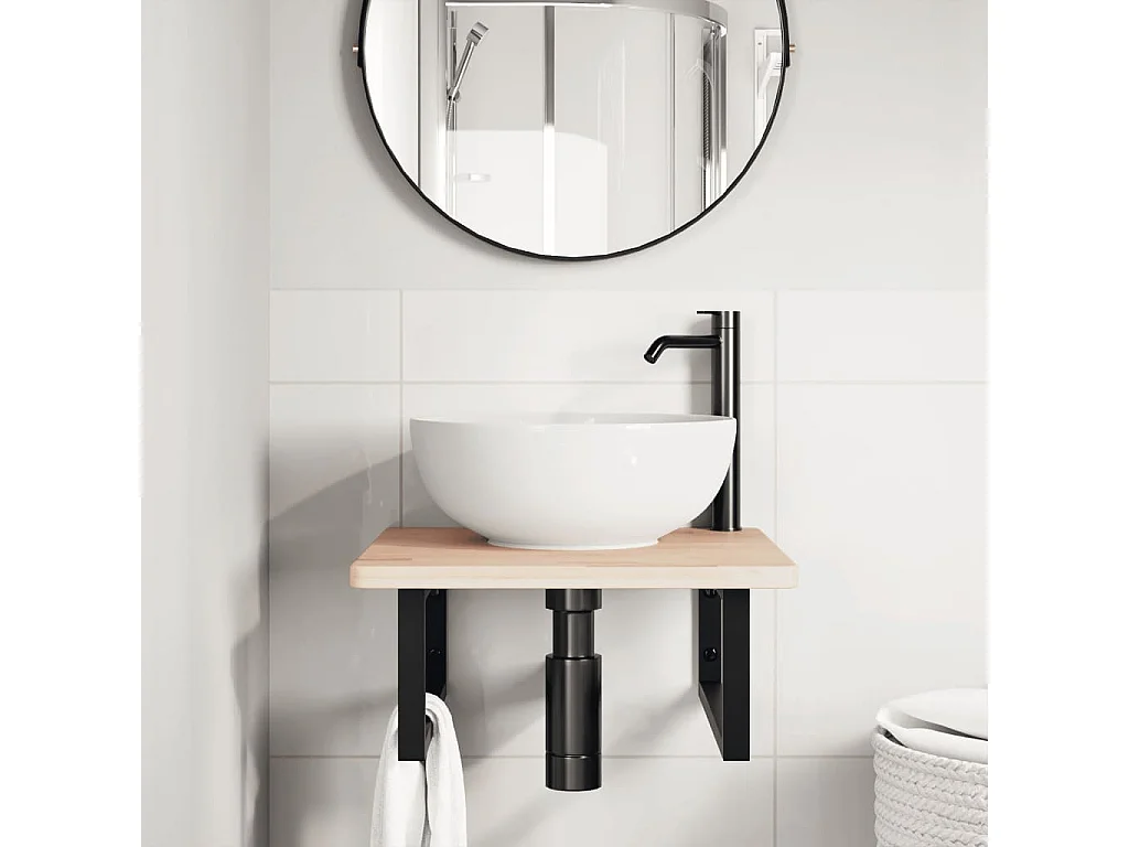 Prateleira de parede p/ lavatório aço/madeira carvalho maciça