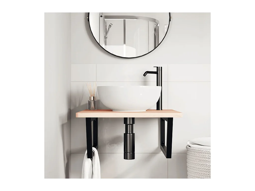 Ripiano a Parete per Lavabo in Acciaio e Massello di Faggio