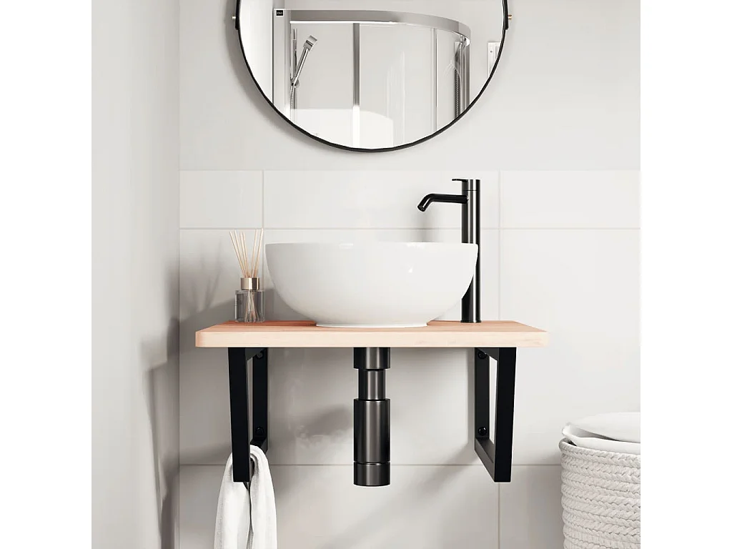 Étagère de vasque murale acier et bois massif de hêtre