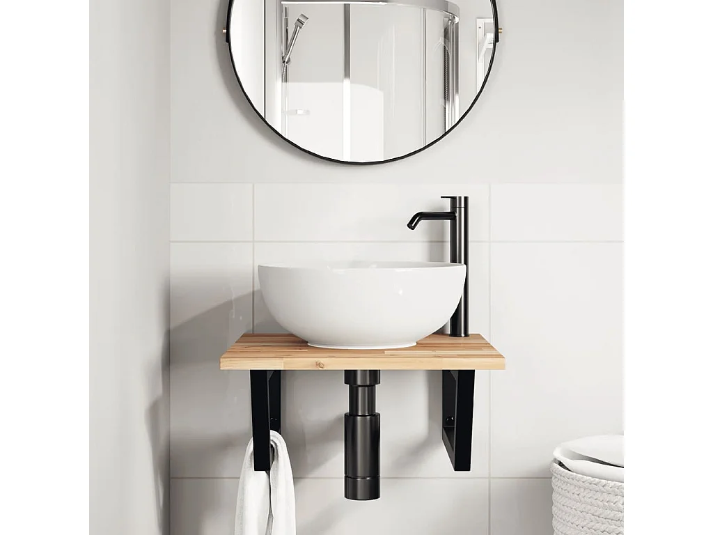 Estante de lavabo de pared acero y madera maciza de acacia