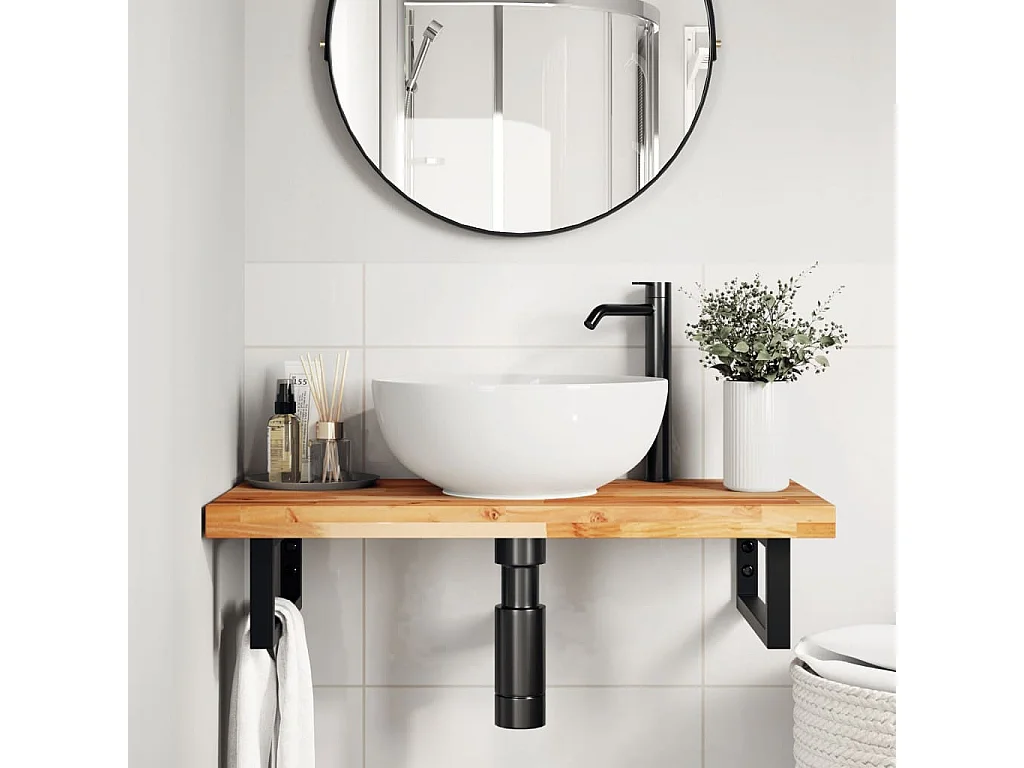 Ripiano a Parete per Lavabo in Acciaio e Massello di Acacia