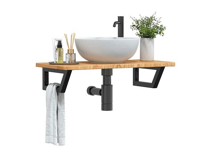 Estante de lavabo de pared de acero y madera maciza de roble