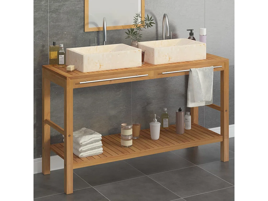 Armoire de toilette en teck solide avec lavabos en marbre Crème