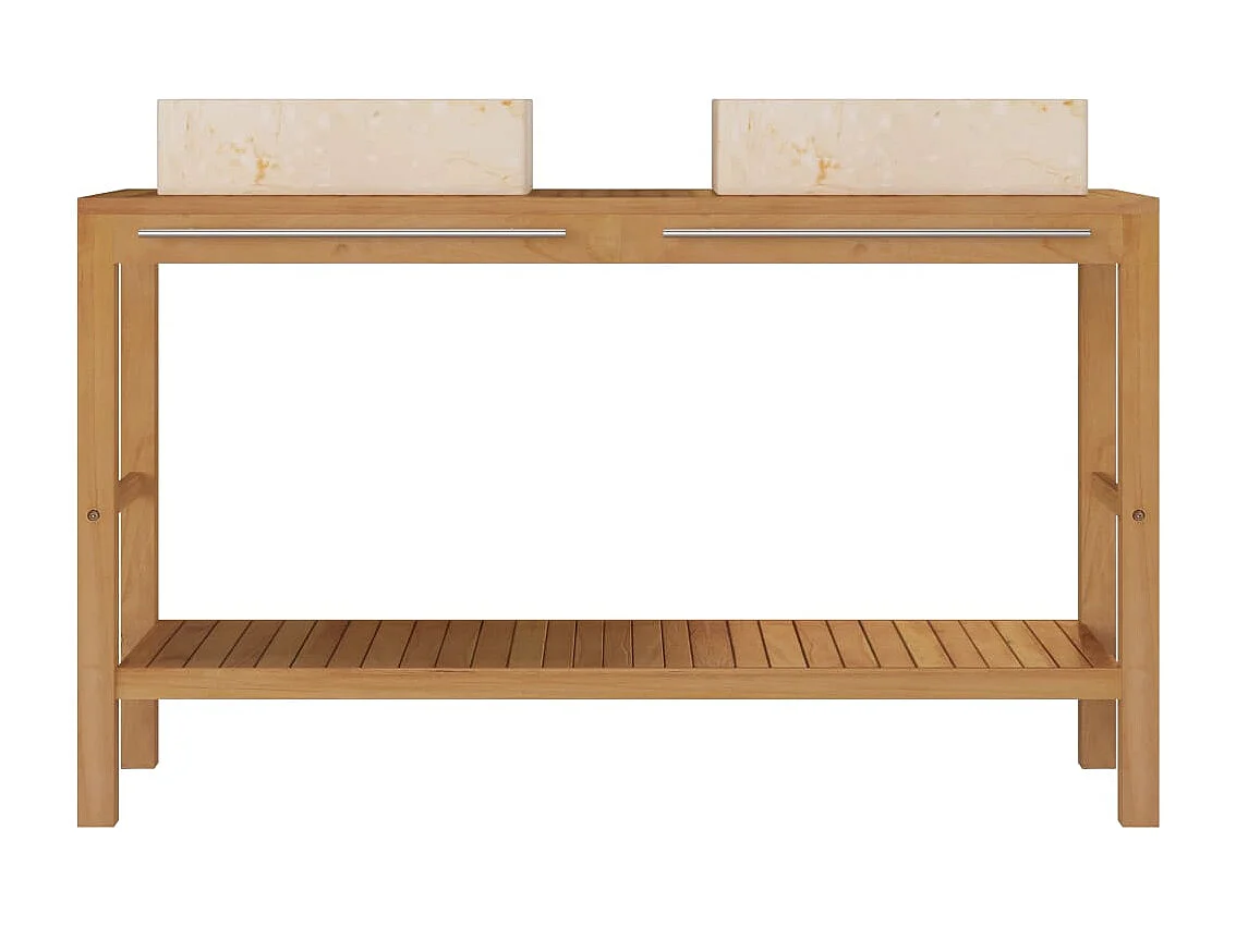 Armoire de toilette en teck solide avec lavabos en marbre Crème