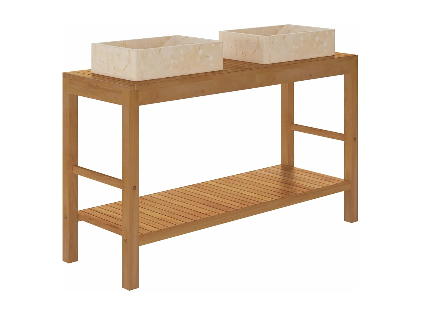 Armoire de toilette en teck solide avec lavabos en marbre Crème