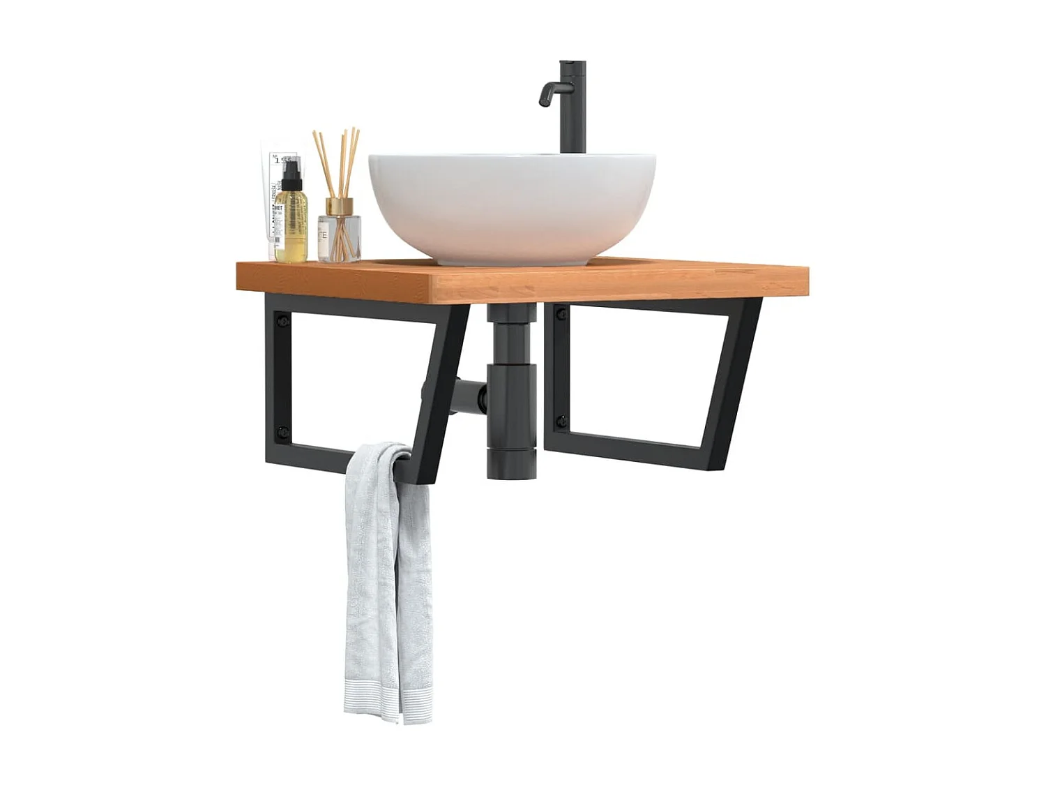 Ripiano a Parete per Lavabo in Acciaio e Massello di Faggio